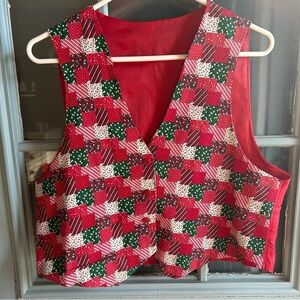 Vintage Christmas Vest Ugly Holiday Button Up Xmas Sweater Handmade Red Green L